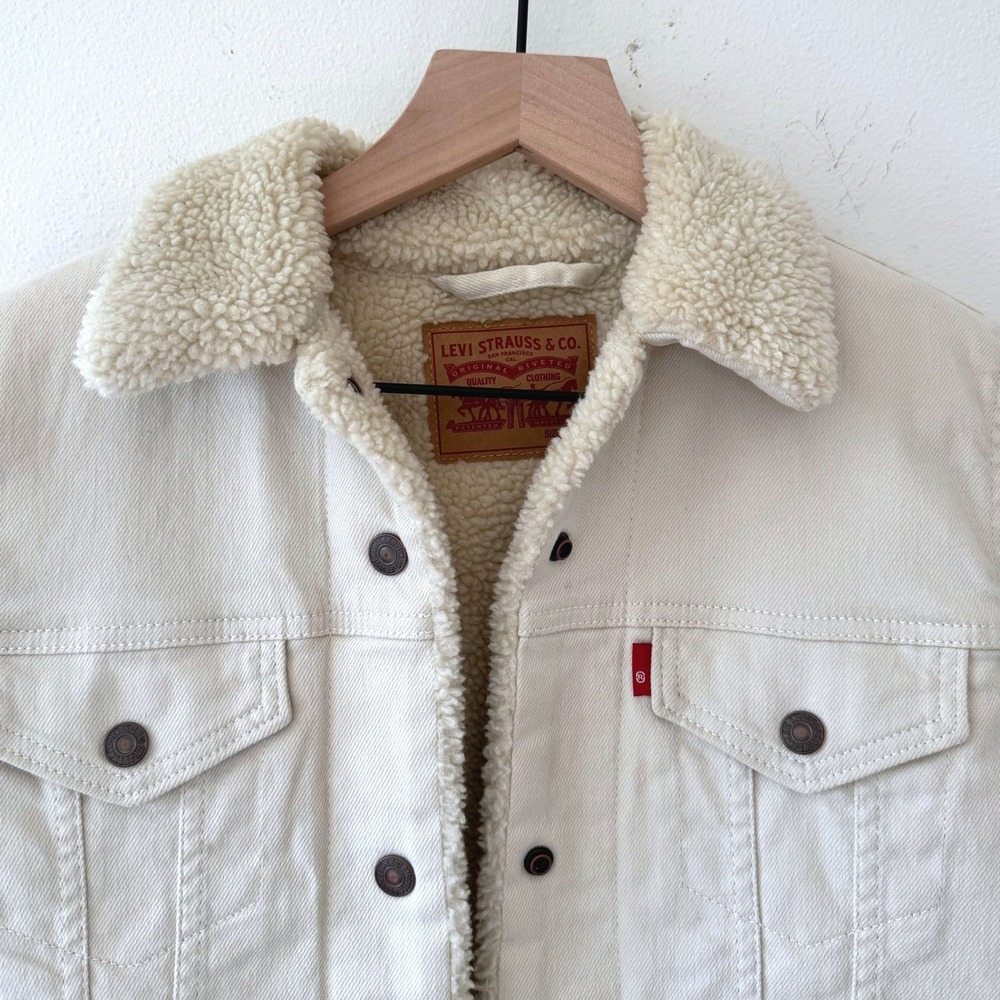 Levi Strauss Co. Sherpa Lined Denim Trucker Jacket Cream Beige‎ Womens XS - Picture 2 of 6